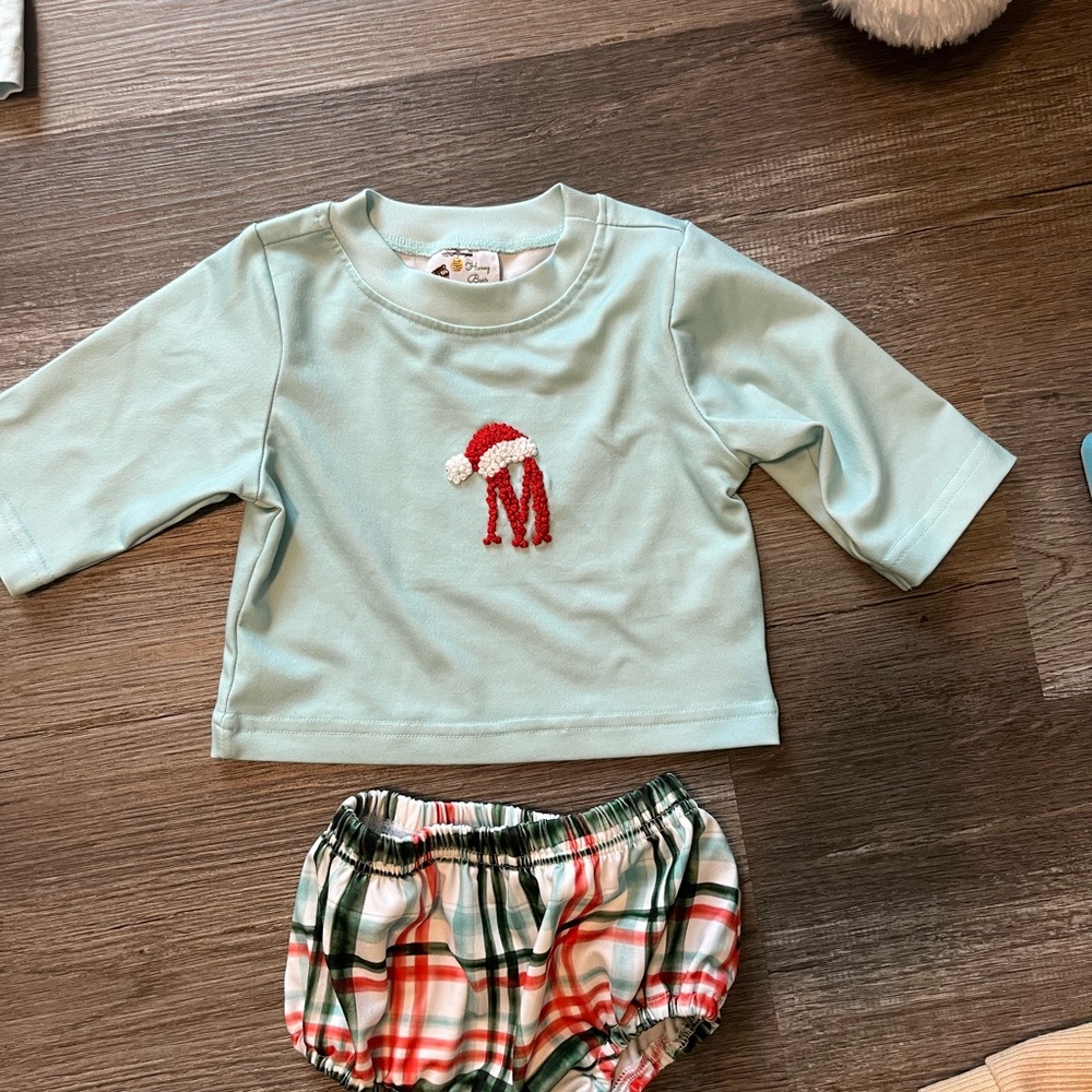Light Blue Christmas Holiday Baby Outfit with monogrammed M.